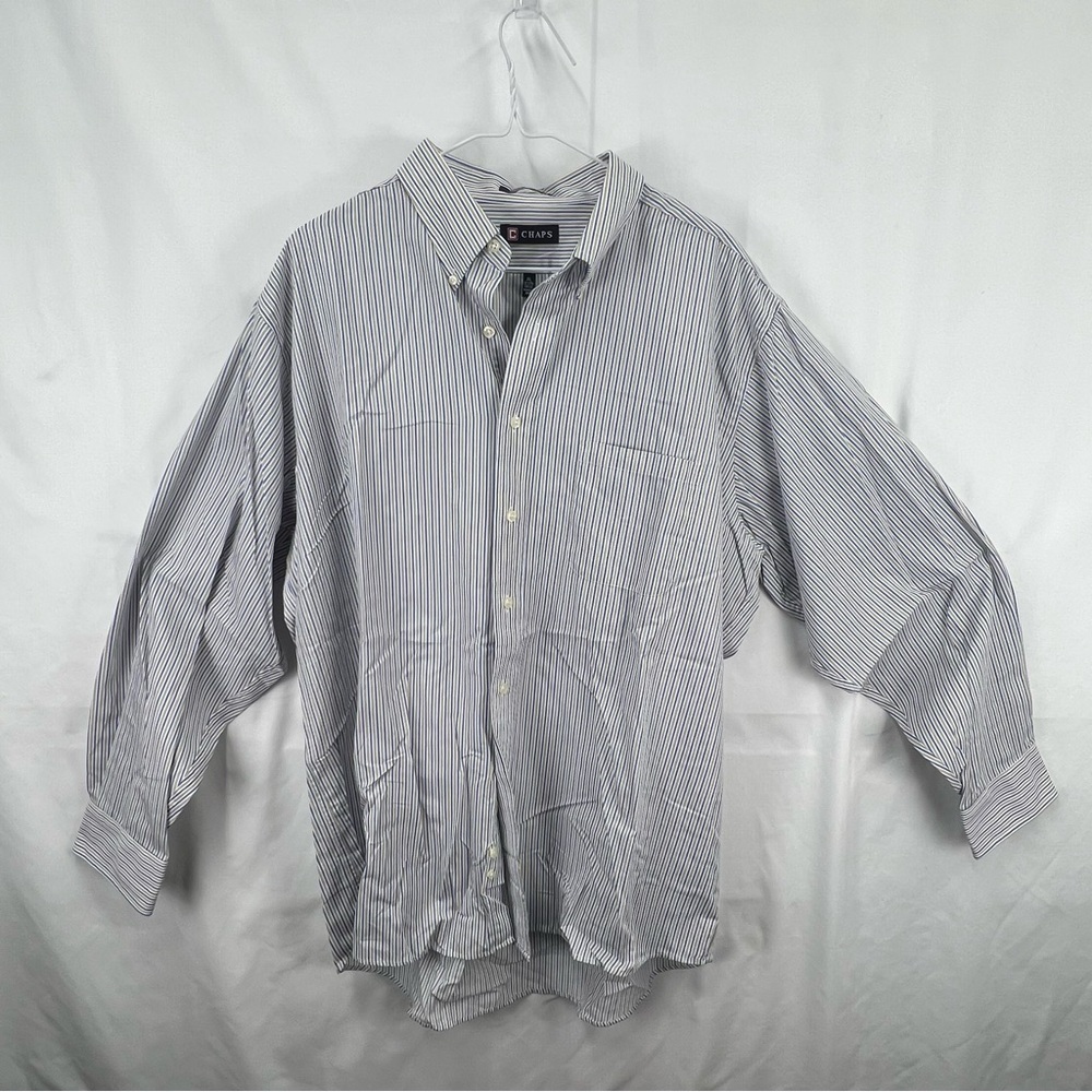 Chaps - Men’s dress Shirt - XL - 17 / 34/35 - Blue Tan White Stripes